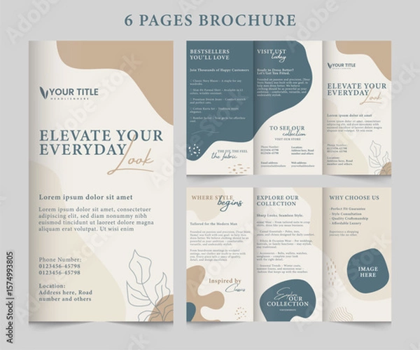 Obraz 6 pages brochure, corporate design template for business brochure cover. Graphic design layout, graphic elements. Fashion brand and corporate minimal brochure.