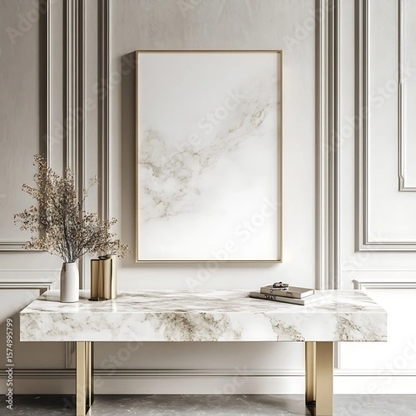 Fototapeta Interior scene showcases marble desk and decorative vases with frame on the wall creating a serene space.