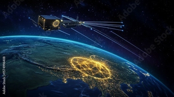 Obraz A satellite orbits Earth, capturing a stunning view of interconnected networks below, highlighting technological advancements and the beauty of our planet's nightscape.