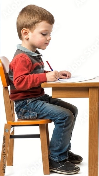 Obraz A young boy sits at a wooden table, attentively writing with a red pencil, showcasing focus and concentration in a bright, minimalistic environment.