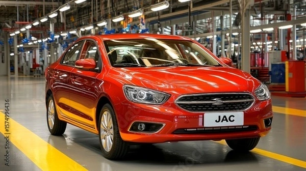 Obraz Sleek red sedan showcasing modern automotive design, positioned on yellow-marked floor inside a high-tech industrial manufacturing facility with overhead lighting and machinery