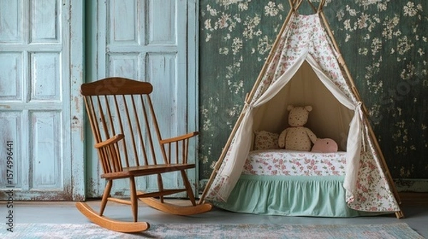 Obraz Cozy children's bedroom featuring a charming rocking chair and a playful teepee tent adorned with floral patterns, perfect for imagination and comfort.