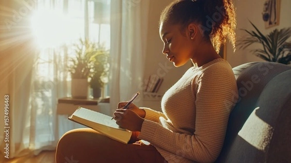 Obraz A young woman writes in a notebook while sitting on a couch, illuminated by warm sunlight filtering through the window, creating a peaceful and reflective atmosphere.