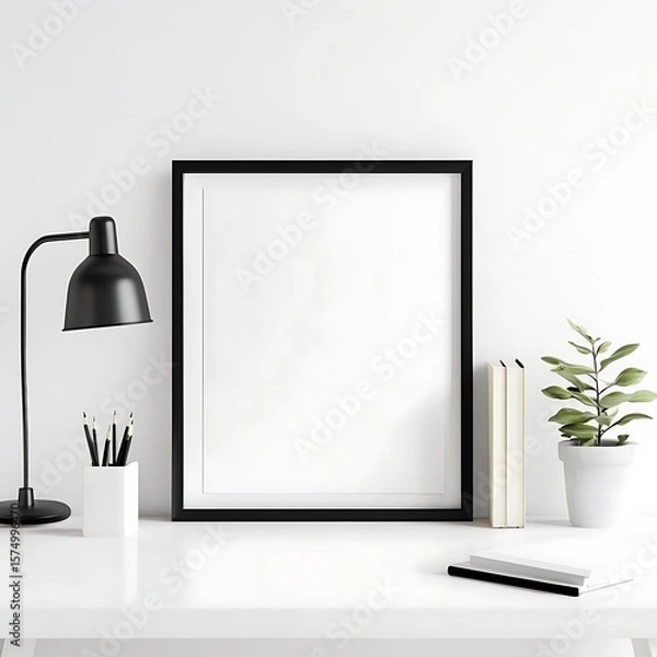 Fototapeta Minimalist desk setup showcases a blank frame, perfect for artwork or posters against a clean, bright, modern backdrop.