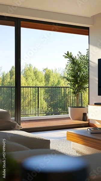 Obraz Modern interior with large windows showcasing lush greenery, creating a serene atmosphere that blends nature with contemporary design. Perfect for home decor inspiration.