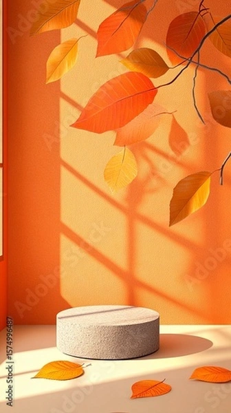 Obraz A cozy autumn scene featuring vibrant orange leaves gracefully cascading against a warm wall, enhanced by soft shadows. Perfect for seasonal decor projects.