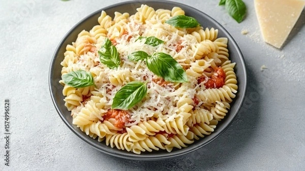 Obraz Delicious rotini pasta served in a stylish black bowl, topped with fresh basil and grated cheese, perfect for Italian cuisine lovers and food photography enthusiasts alike.