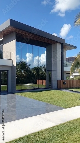 Obraz Stunning modern home with a sleek architectural design, large glass windows, and an inviting green lawn creates a breathtaking outdoor space for relaxation.