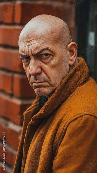 Obraz A stern-looking mature man with a bald head and intense gaze stands against a backdrop of red bricks, conveying a sense of seriousness and depth in the urban environment.