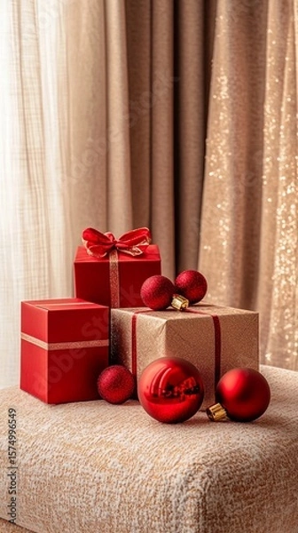 Obraz Elegant Christmas gift boxes with red ribbons and shiny baubles arranged on a textured beige surface, creating a festive holiday scene with soft curtain backdrop