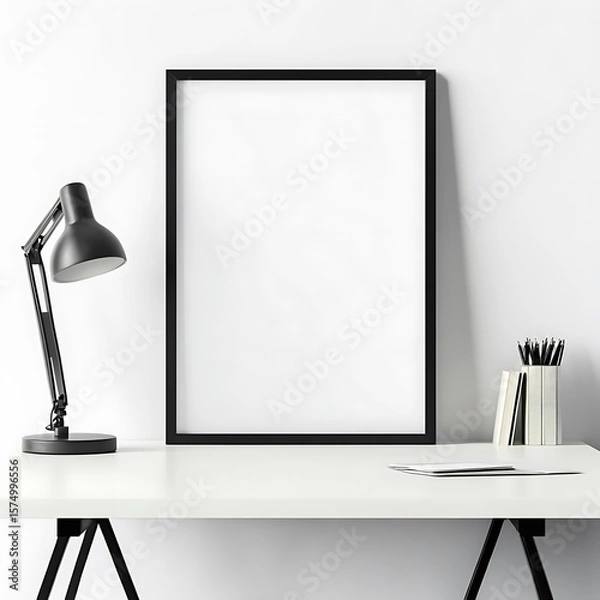 Fototapeta Minimalist desk setup featuring a blank black frame, offering a clean aesthetic and ideal for showcasing artwork or designs.