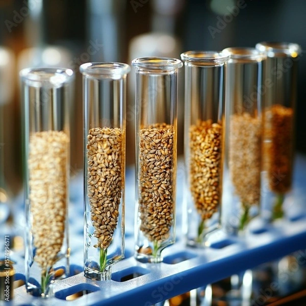 Obraz Scientific exploration of grain varieties reveals subtle color and texture variations in precisely arranged laboratory test tubes
