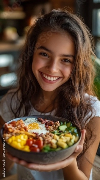 Obraz A cheerful young girl smiles as she presents a colorful bowl of healthy food, showcasing a delightful mix of ingredients that promote wellness and vitality.
