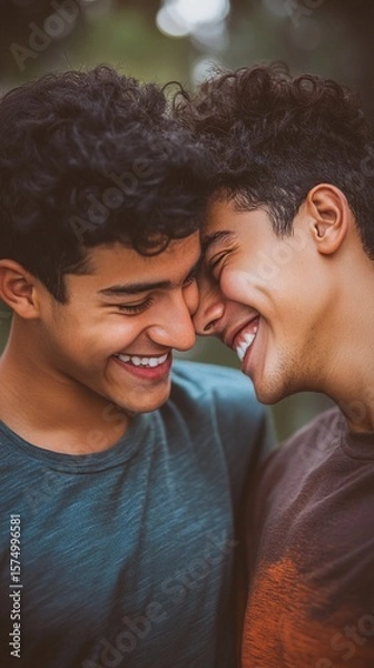 Obraz Intimate moment of joy shared between two young individuals with curly hair, expressing genuine happiness and connection through close physical proximity and bright smiles
