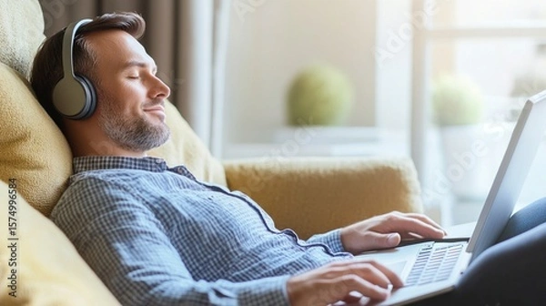 Obraz A relaxed man enjoying music while using a laptop comfortably seated on a couch, creating a serene atmosphere that embodies the essence of home relaxation and digital connectivity.