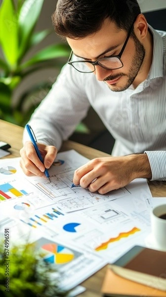 Obraz Focused professional analyzing business charts and graphs with precision, creating strategic insights in a bright, modern workspace with green plants