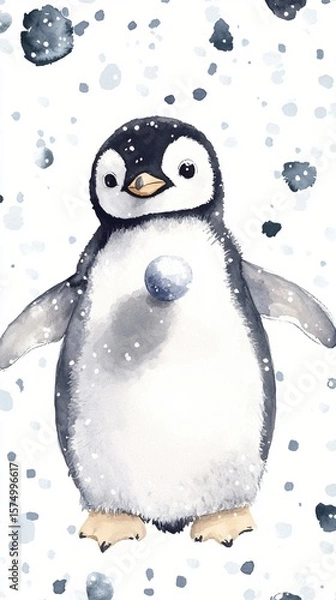 Obraz Cute baby penguin surrounded by falling snowflakes in a whimsical, artistic illustration, perfect for winter-themed projects or children’s educational materials.