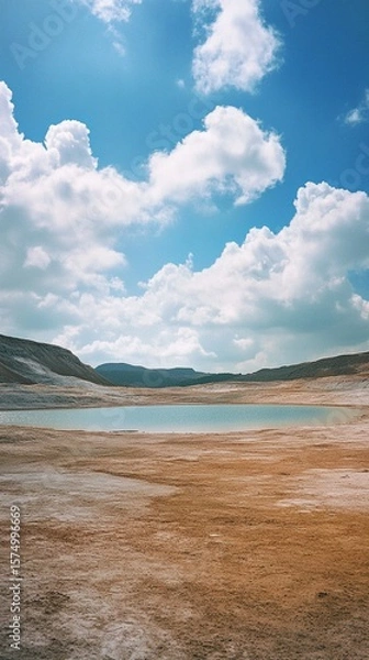 Obraz Serene landscape of a dry lake bed with cracked earth, surrounded by distant mountains under a vibrant blue sky with fluffy white clouds