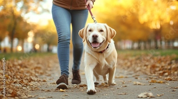 Obraz A joyful Labrador retriever walks with its owner through a picturesque park adorned with golden autumn leaves, radiating warmth and companionship in nature's beauty.
