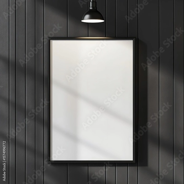 Fototapeta Modern blank framed poster hangs on a dark wood wall with a stylish lamp, a simple backdrop for art mockups.