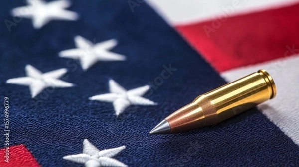 Obraz Powerful symbol of American freedom and defense, showcasing a brass bullet resting on the iconic stars and stripes national flag with dramatic lighting and sharp focus