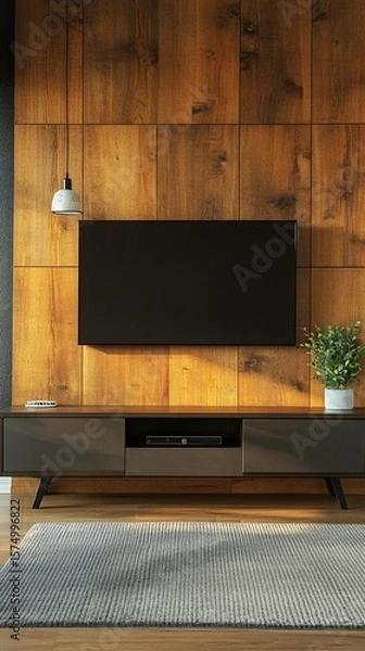 Obraz Modern living room interior featuring a stylish wooden wall, a sleek entertainment unit, a decorative plant, and a cozy area rug, inviting a warm and inviting atmosphere for relaxation.