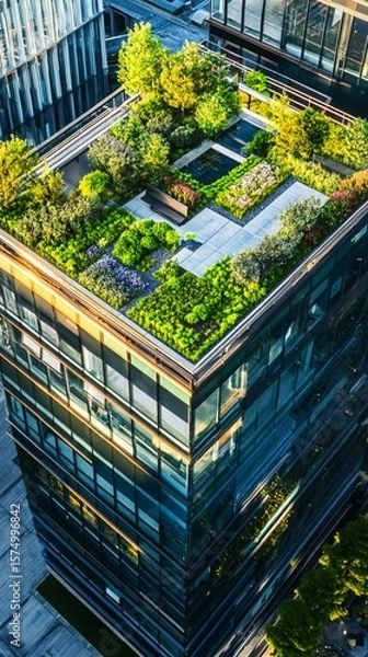 Obraz Innovative urban green architecture showcasing a lush rooftop garden integrated into a modern glass skyscraper, blending sustainable design with contemporary city landscape