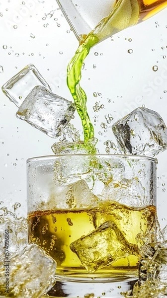 Obraz Refreshing whiskey or cocktail being poured over crystal clear ice cubes, creating a dynamic splash and vibrant liquid stream in high-speed motion photography