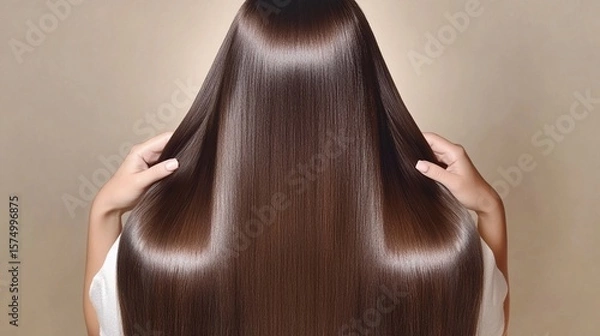 Obraz Shiny and healthy long hair displayed from the back, showcasing its smooth texture and rich color against a soft, neutral background, perfect for haircare promotions and beauty inspiration.