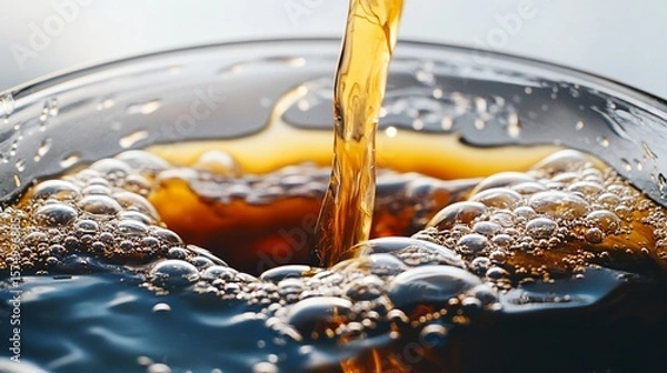 Obraz Dynamic liquid stream creating mesmerizing bubbles and swirling patterns in close-up, capturing the fluid motion and intricate texture of pouring beverage