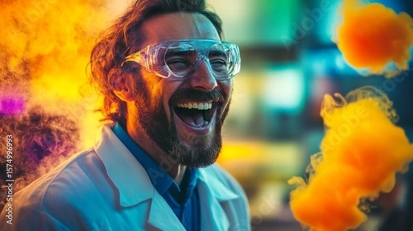 Obraz Captivating scientist enthusiastically engages with colorful, vibrant smoke in a lab, evoking a sense of joy and discovery through inventive experimentation and playful exploration.