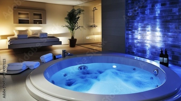 Obraz Luxurious spa-like bedroom retreat with illuminated round jacuzzi, creating a serene and intimate atmosphere of relaxation and modern design elegance