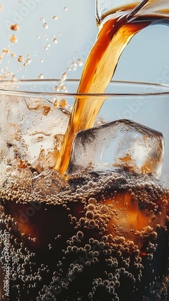 Obraz Refreshing cola stream pours over crystal-clear ice cubes, creating a dynamic splash of caramel-colored liquid with effervescent bubbles dancing in the glass