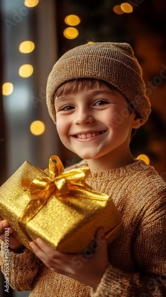 Obraz Joyful child in cozy knit sweater and beanie holds sparkling golden gift box with festive bokeh lights in warm background