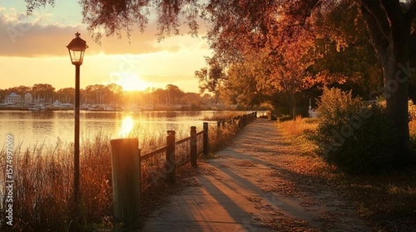 Obraz A serene autumn evening by the river, showcasing vibrant foliage and warm sunlight reflecting off the water, perfect for relaxation or inspiration amidst nature's beauty.