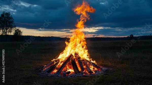 Obraz Blazing campfire illuminates dark twilight landscape with intense orange flames reaching high against moody blue-gray sky and distant treeline