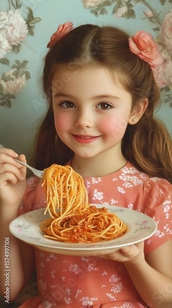 Obraz Adorable young girl in a coral floral dress twirling spaghetti on a fork, smiling brightly against a vintage floral wallpaper background with soft pastel tones