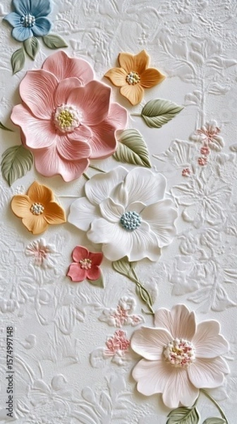 Obraz Delicate floral embossed artwork with soft pastel pink, white, and yellow flowers creating elegant three-dimensional texture on textured background