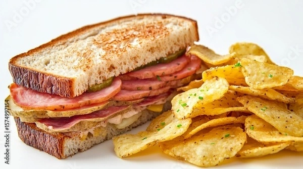 Obraz Deliciously layered ham sandwich on toasted bread accompanied by crispy potato chips, perfect for lunch or a snack, appealing to food lovers and culinary enthusiasts alike.