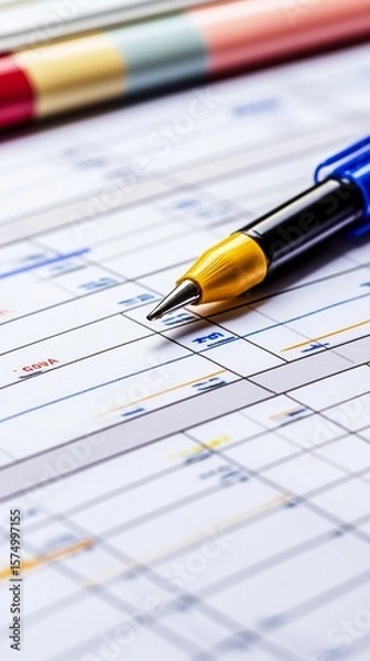 Obraz Close-up of a blue pen poised on a calender filled with organized scheduling and planning entries, showcasing productivity and time management in action effectively captured in detail.