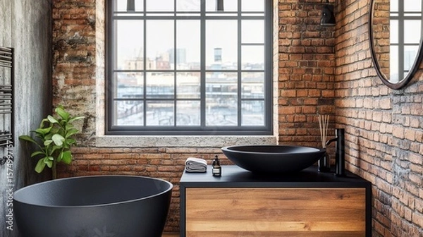 Obraz A modern bathroom featuring a sleek black tub and basin, complemented by rustic exposed brick walls and large windows, creating a bright and open atmosphere.
