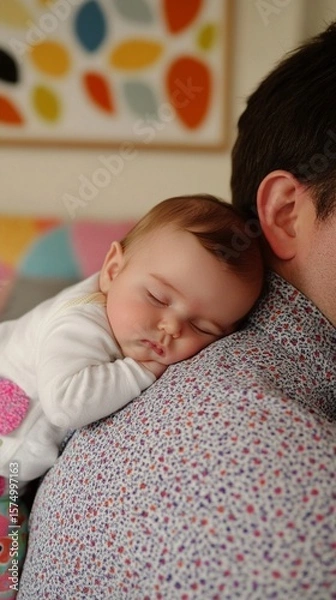 Obraz Peaceful infant nestled against a parent's shoulder, sleeping soundly in a cozy nursery with colorful artwork creating a warm, nurturing environment