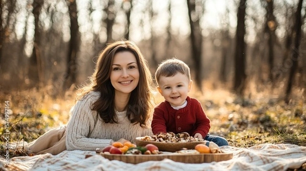 Obraz Warm autumn picnic scene with mother and child sharing a cozy moment on a blanket surrounded by fallen leaves and seasonal treats