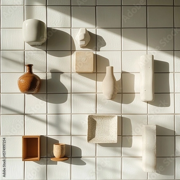 Obraz A beautifully arranged assortment of ceramic decor pieces against a textured white tile wall, showcasing artistic design and soft shadows created by sunlight.