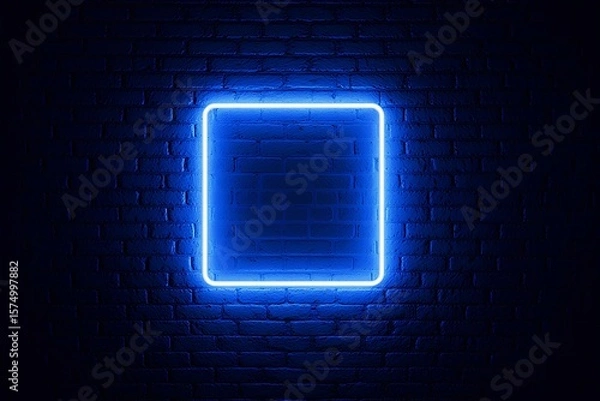 Fototapeta Blue Neon Light on a Brick Wall at Night, Glowing Abstract Urban Background, Illuminated Futuristic LED Signage, Cyberpunk Vibe, Vibrant Cityscape Texture with Shadow and Reflection