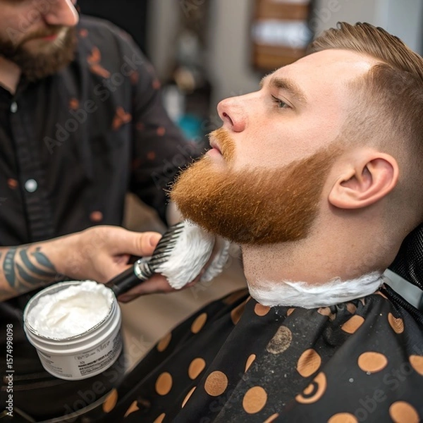 Fototapeta A young Caucasian man with a well-groomed red beard sits in a barber chair. A barber applies shaving cream with a brush. The setting is a modern barbershop.
