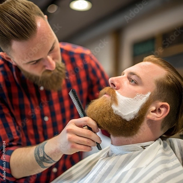 Fototapeta A barber trims the beard of a man in a barbershop. The barber has a short beard and wears a plaid shirt. The client has a long red beard and is seated.