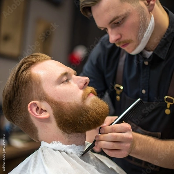 Fototapeta A young Caucasian man with a beard receives a haircut from a barber. The barber, also Caucasian, carefully trims the man's beard with a razor in a modern barbershop.