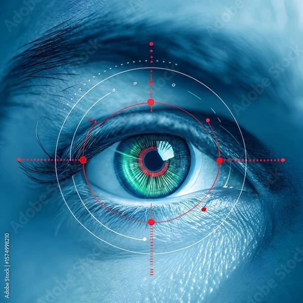 Fototapeta Close-up of a human eye with a digital targeting overlay. The eye has a vibrant green iris and detailed texture. The background is a soft blue hue.
