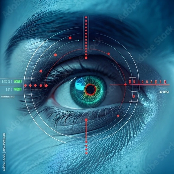 Fototapeta Close-up of a human eye with a digital targeting overlay. The eye features a vibrant blue iris and detailed eyelashes. The background is a soft blue gradient.